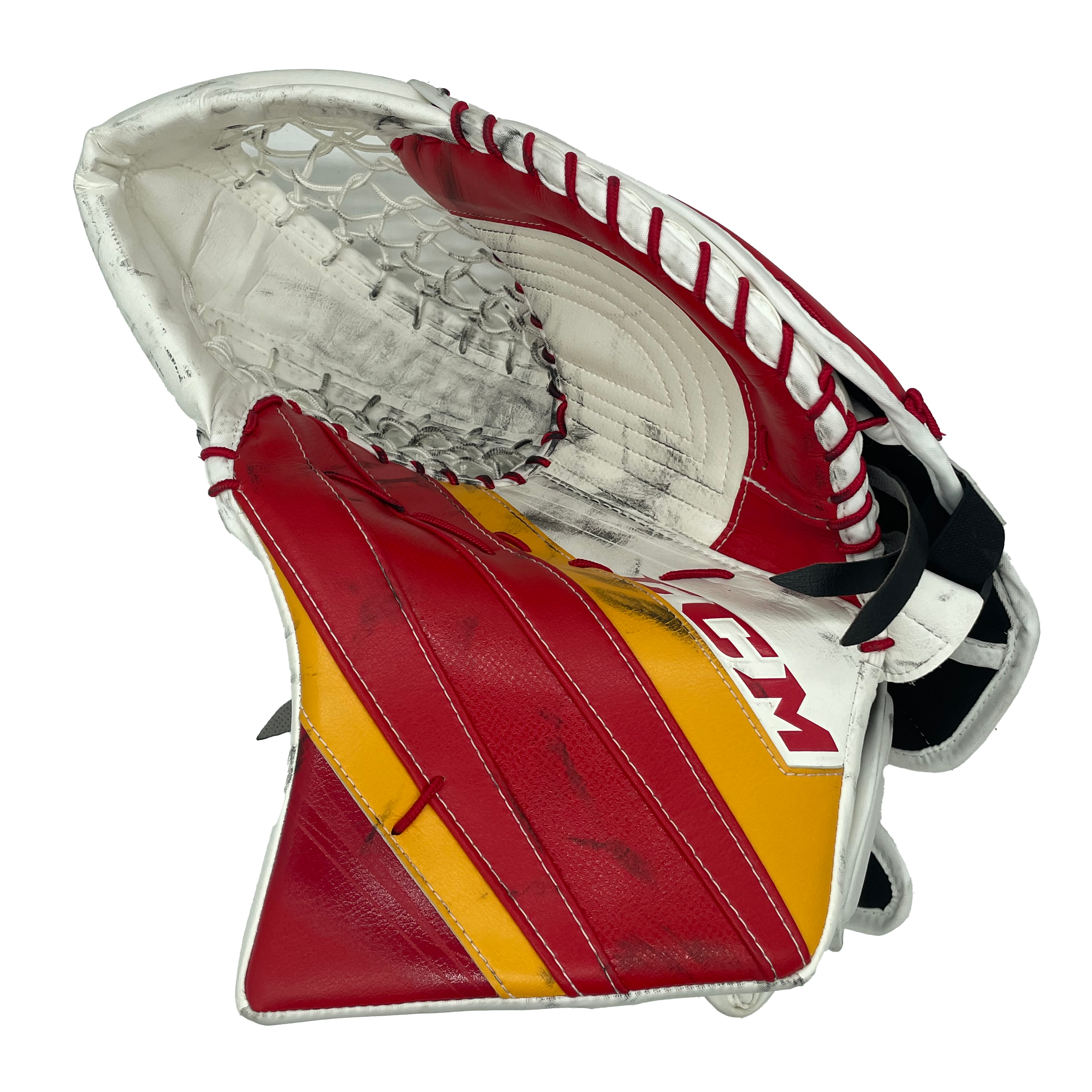 CCM Extreme Flex 5 - Gant de gardien de but de la LNH d'occasion - Jacob Markstrom (blanc/rouge/jaune)